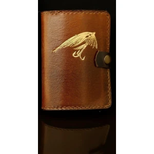 Hook & tube fly wallet. COMPACT. Brown leather & fly in gold