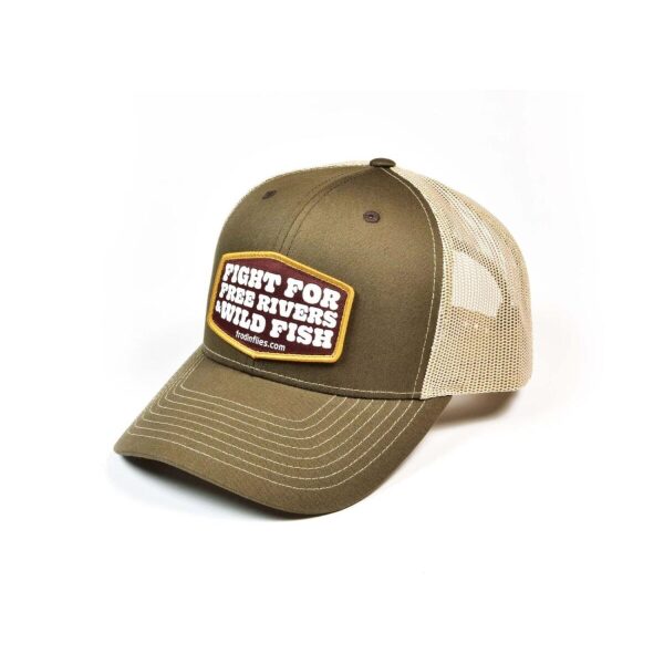 ‘FREE RIVERS & WILD FISH’ TRUCKER HAT – BROWN/TAN