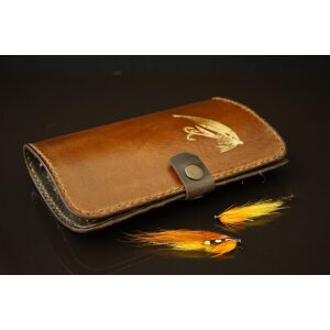 Tube fly wallet. LARGE. Brown leather & fly in gold
