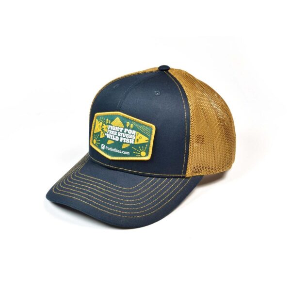 ‘FREE RIVERS & WILD FISH’ TRUCKER HAT – NAVY/CARAMEL