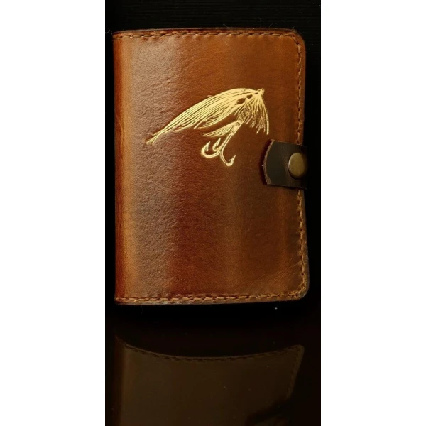 Hook & tube fly wallet. COMPACT. Brown leather & fly in gold