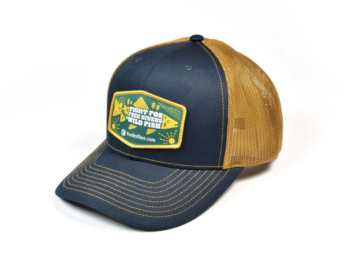‘FREE RIVERS & WILD FISH’ TRUCKER HAT – NAVY/CARAMEL
